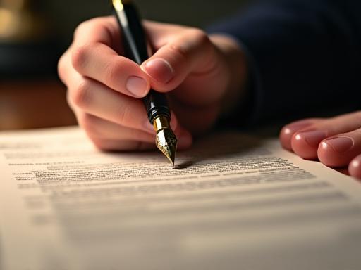 Legal professional reviewing a document with golden pen