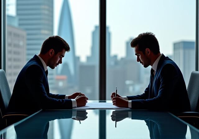 Strategic board meeting overlooking London skyline